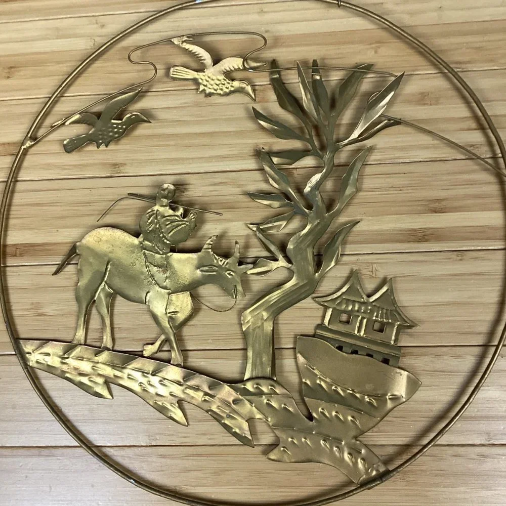 Vintage Metal Asian Folk Art Wall Hangings Set (4)